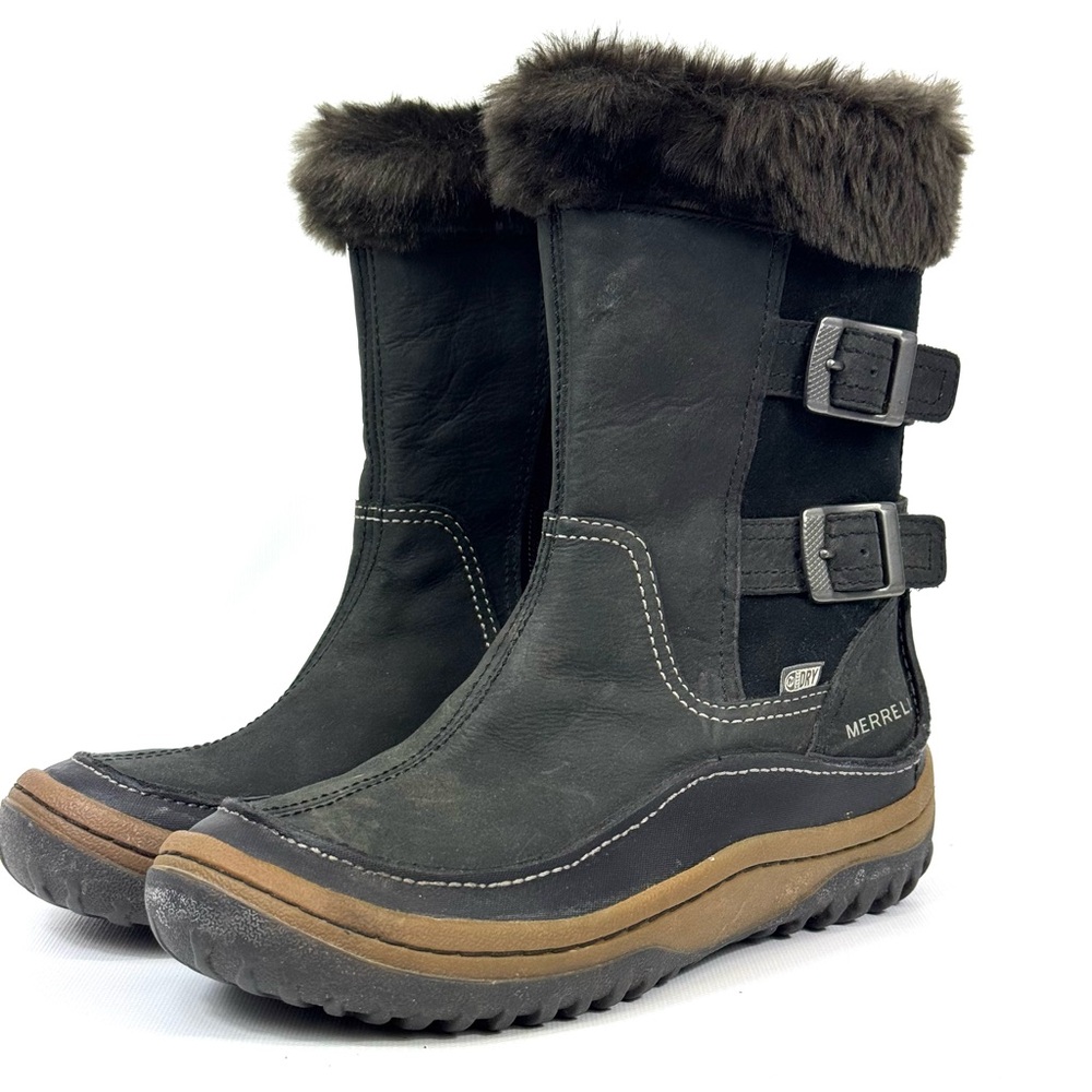 Merrell Decora Chant Waterproof Leather Winter Boots - black w fur - Sz 6